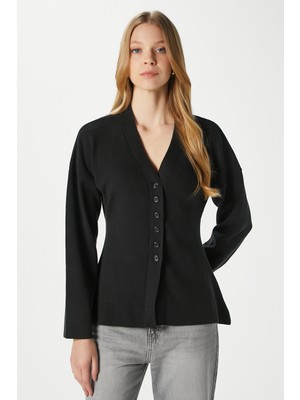Ritnice Kadın Lauren Özel İplik Merserize Görünüm Peplum Siyah Triko Hırka