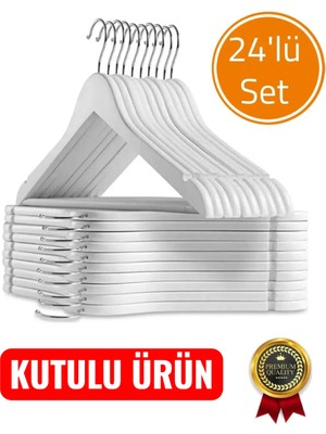 Azesur 24 Adet Beyaz Ahşap Görünümlü Plastik Askı 24 Adet BEYAZ Askı Pantolon Gömlek Askı