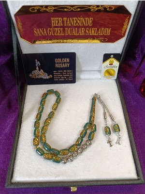 Esmen Altın Parçacıklı Golden Rosary Tesbih Kişiye Özel Harfli Sertifikalı Ahşap Hediye Kutulu