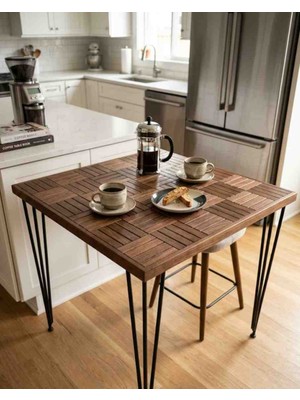 Mirrorss 90 x 90 cm Yükseklik 75 cm El Yapımı Masif Ceviz Ahşap Dokulu Kare Yemek ve Kahve Masası - Metal Hairpin Ayaklı,