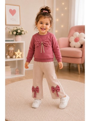 Serpil Kız Çocuk Pudra Pembe Fiyonk Detaylı Sweatshirt Bej Bol Paça Pantolon 2’li Takım
