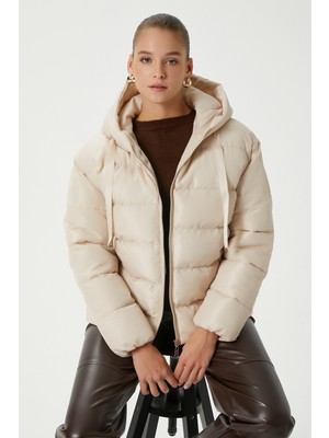 Ritnice Kadın Strong Oversize Şişme Dik Kapüşonlu Krem Mont