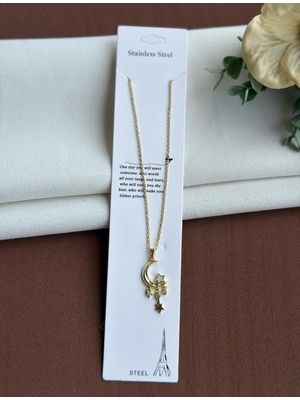 Ry Collections Zirkon Taş Detaylı ve Sallantılı Yıldız Figürlerine Sahip Gümüş Renkli Hilal Tasarımlı Çelik Kolye