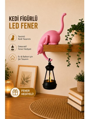 Filkorium3D Askılı Kedi Raf Dekoru 24 cm - LED Fenerli Minimalist Salon, Balkon , Raf ve Ev Aksesuarı Dekoratif Obje - Mum Hediyeli