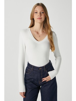 Ritnice Kadın Zera Lux Touch V Yaka Ekru Bluz