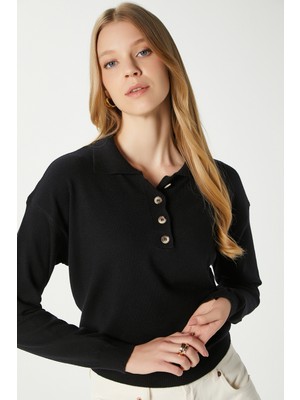 Ritnice Kadın Lily Premium İplik Polo Yaka Siyah Triko Kazak