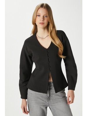 Ritnice Kadın Osea Premium Bele Oturan Siyah Şık Düğme Detay Peplum Bluz