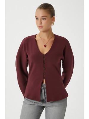 Ritnice Kadın Osea Premium Bele Oturan Bordo Şık Düğme Detay Peplum Bluz