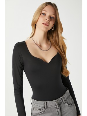 Ritnice Kadın Rich Kalp Yaka Polyamid Siyah Çıtçıtlı Body / Bluz