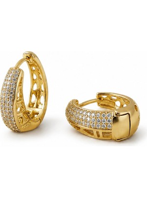 Serelya Gold Renk Zirkon Taşlı ve Motif Detaylı Damla Halka Model Kadın Küpe