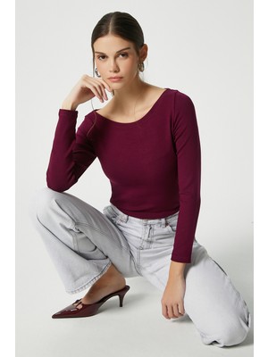 Ritnice Kayık Yaka Need Uzun Kollu Mürdüm Soft Top / Bluz