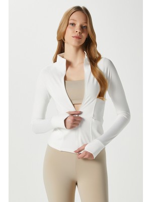 Ritnice Jogging Vücuda Oturan Cepli Parmak Geçmeli Ekru Spor Ceket / Hırka