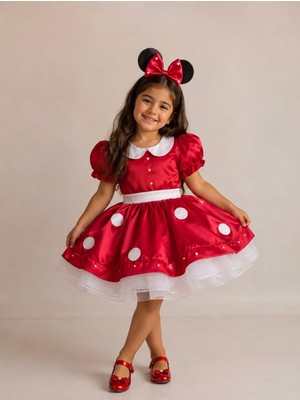 Kız Çocuk Kabarık Tüllü Minnie Mickey Mouse Kırmızı Elbise