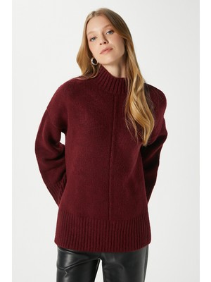 Ritnice Kadın Wonder Yumuşacık Dik Yaka Bordo Yırtmaçlı Oversize Triko Kazak