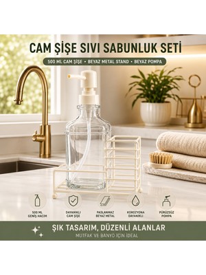 Greathings 500ML Cam Şişe & Beyaz Metal Stand & Beyaz Pompa Sıvı Sabunluk Seti | Modern Tasarım | Şık Kullanım