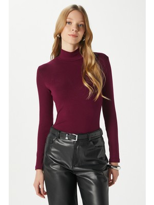 Ritnice Kadın Feel Lux Touch Dik Yaka Mürdüm Uzun Kol Soft Bluz