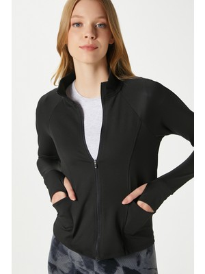 Ritnice Jogging Vücuda Oturan Cepli Parmak Geçmeli Siyah Spor Ceket / Hırka