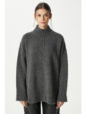 Ritnice Kadın Wonder Yumuşacık Dik Yaka Antrasit Yırtmaçlı Oversize Triko Kazak