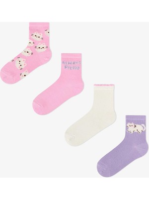 Penti Kız Çocuk Pembe Fluffy Cat Kedi Desenli Pamuklu 4 Çift Soket Çorap