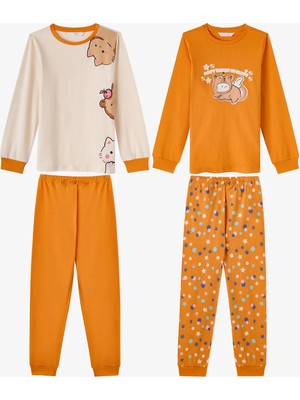 Penti Kız Çocuk Turuncu Don't Worry Pamuklu Uzun Kollu 2'li Pijama Takımı