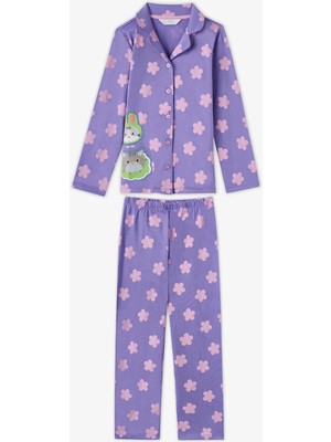 Penti Kız Çocuk Lila Feel Better Kedi Desenli Pamuklu Düğmeli Uzun Kollu Gömlek Pantolon Pijama Takımı