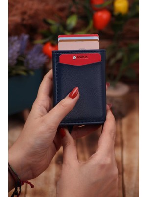 Özka Leather Suni Deri Mekanizmalı Vegan Deri Kartlık Cüzdan Portföy Lacivert