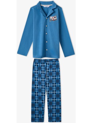 Penti Erkek Çocuk Mavi Book Lovers Ekoseli Pamuklu Düğmeli Uzun Kollu Gömlek Pantolon Pijama Takımı