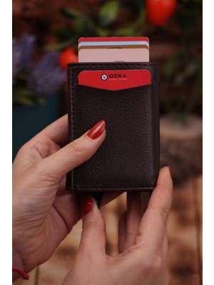 Özka Leather Suni Deri Mekanizmalı Vegan Deri Kartlık Cüzdan Portföy Kahverengi