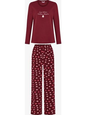 Penti Bordo Letters Kuş Desenli Uzun Kollu Pantolon Pijama Takımı