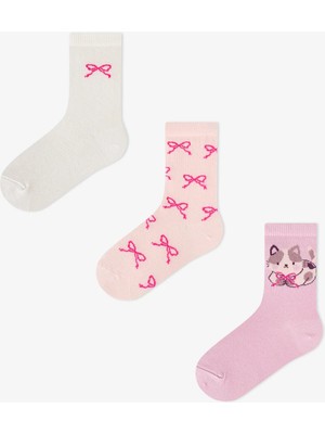 Penti Kız Çocuk Pembe Snailmail Cuties Fiyonk Desenli Pamuklu 3 Çift Soket Çorap