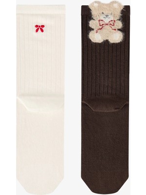 Penti Siyah Beyaz Fluffy Ribbon Bear Pamuklu 2 Çift Soket Çorap