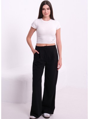 Cotton Lab Siyah Çift Cepli Kadın Palazzo Pantolon