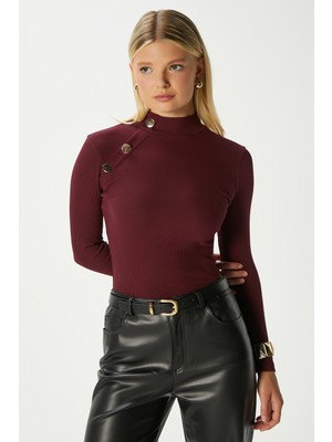 Ritnice Kadın Gloria Gold Düğmeli Uzun Kollu Bordo Fitilli Pamuk Bluz