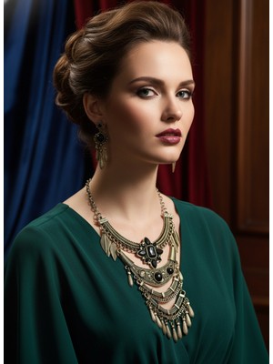 Moda Accessories Antik Gümüş Renk Osmanlı Model Statement Bohem Etnik Otantik Büyük Taşlı Kolye