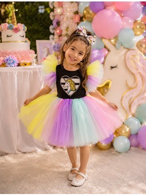 Kız Çocuk Unicorn My Little Pony Renkli Kabarık Elbise Önü Kalp Detaylı