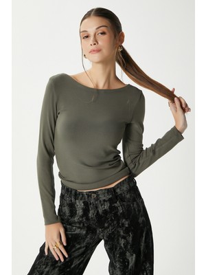 Ritnice Kayık Yaka Need Uzun Kollu Haki Soft Top / Bluz