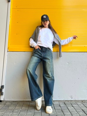 Zerena Retro Vintage Style Taşlanmış Şeritli Lacivert Baggy Kot