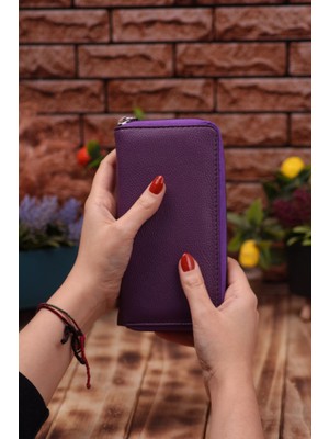 Özka Leather Mürdüm Telefon Bölmeli Unisex Deri Uzun Kartlık Cüzdan Portföy
