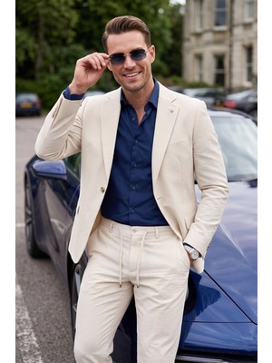 RizzUP Erkek Slim Fit Dar Kesim Çizgili Gofre Kumaş Bej Takım Elbise – Tek Düğme Ipli Pantolon 2602311