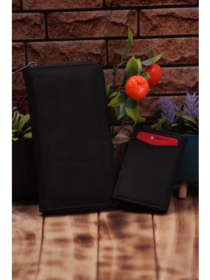 Özka Leather Crazy Siyah Telefon Bölmeli Uzun Cüzdan ve Otomatik Mekanizmalı Kartlık Cüzdan Sevgili Paketi