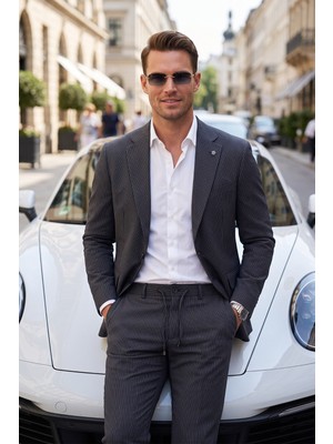 Deepsea Erkek Slim Fit Dar Kesim Çizgili Gofre Kumaş Lacivert Takım Elbise – Tek Düğme Ipli Pantolon 2602311