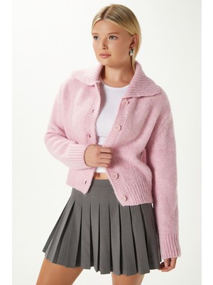 Kadın Lean Yumuşak Doku Polo Yaka Pembe Basic Triko Hırka HI00179