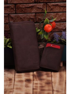Özka Leather Crazy Kahverengi Telefon Bölmeli Uzun Cüzdan ve Otomatik Mekanizmalı Kartlık Cüzdan Sevgili Paketi