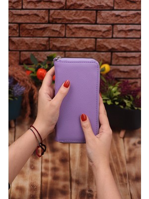 Özka Leather Lila Telefon Bölmeli Unisex Deri Uzun Kartlık Cüzdan Portföy
