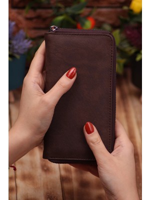 Özka Leather Crazy Kahverengi Telefon Bölmeli Unisex Deri Uzun Kartlık Cüzdan Portföy
