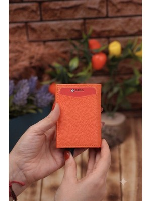 Özka Leather Suni Deri Mekanizmalı Vegan Deri Kartlık Cüzdan Portföy Turuncu