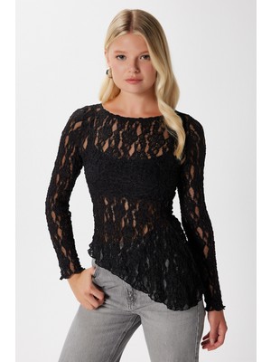 Angel Asimetrik Siyah Uzun Kollu Dantel Top / Bluz