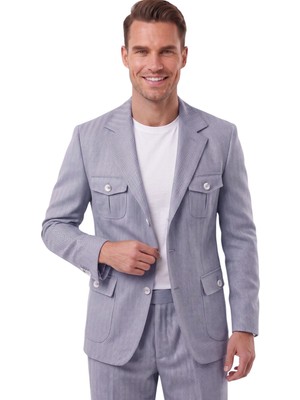 Deepsea Erkek Mavi Safari Ceketli Slim Fit 2'li Takım Elbise – Pileli Duble Paça Pantolon 2600723
