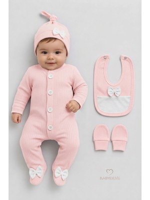Babyden's 4 'lü Kız Bebek Fitilli Yenidoğan Bebek Tulum Seti %100 Pamuklu Hastane Çıkışı