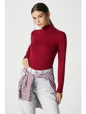 Ritnice Kadın Feel Lux Touch Dik Yaka Bordo Uzun Kol Soft Bluz